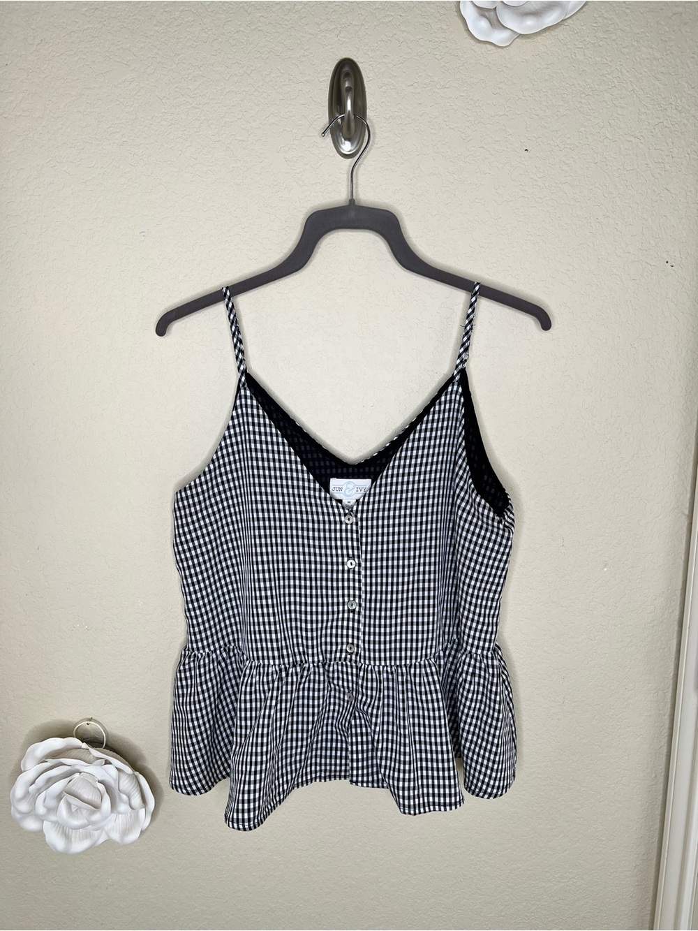 NTM: June & Ivy Gingham Peplum Cami Tank Top Black White Size M